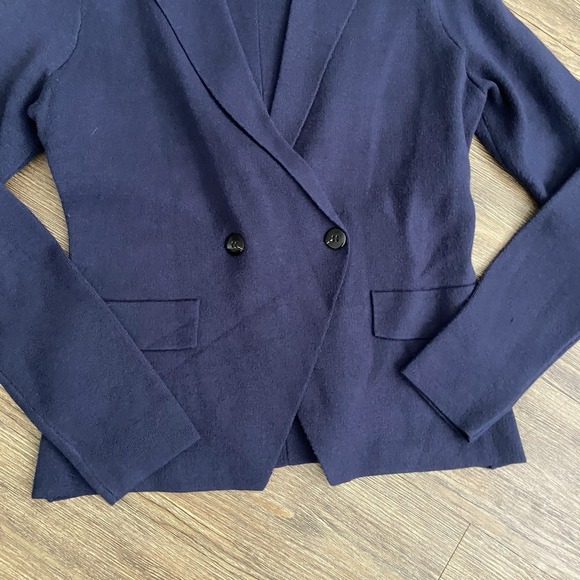 Maeve Anthropolgie Double-Breasted Navy Blue Knit Sweater Blazer - Picture 3 of 6